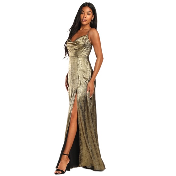 🆕 Shining Just For You Gold Metallic Cowl Neck Maxi Dress (M & L available!) - Picture 4 of 7
